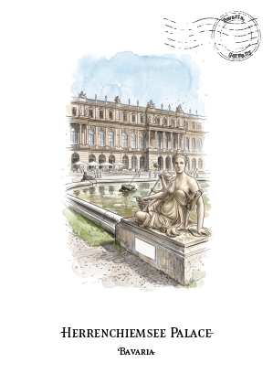 A watercolour-style travel illustration of Herrenchiemsee Palace in Bavaria, showing a grand classical building, a fountain, and a seated statue, with the text 'HERRENCHIEMSEE PALACE' and 'BAVARIA' below on a white background.