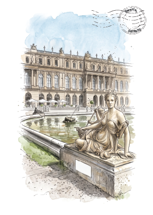 Watercolor-style illustration of a classical fountain scene with a seated female statue in the foreground and Herrenchiemsee Palace in Bavaria in the background, rendered in soft blue, beige, green, and gray tones.