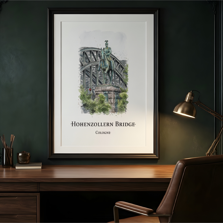 A framed art print of the Hohenzollern Bridge in Cologne, Germany, displayed on a dark wood desk in a modern office setting with a leather chair and a lit desk lamp.