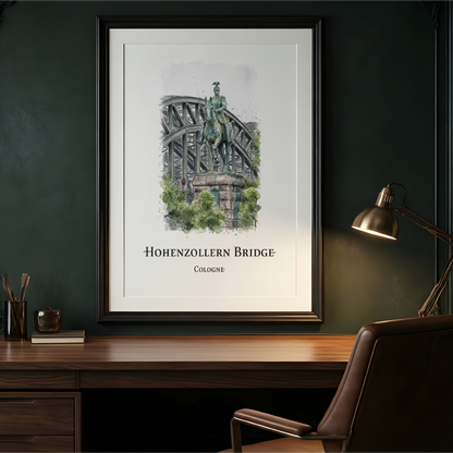 A framed art print of the Hohenzollern Bridge in Cologne, Germany, displayed on a dark wood desk in a modern office setting with a leather chair and a lit desk lamp.