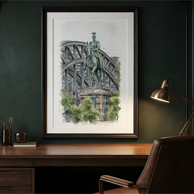 A framed art print featuring a watercolour-style painting of a horse rider statue in front of a large steel bridge, displayed on a dark green wall above a wooden desk with a lamp and chair.