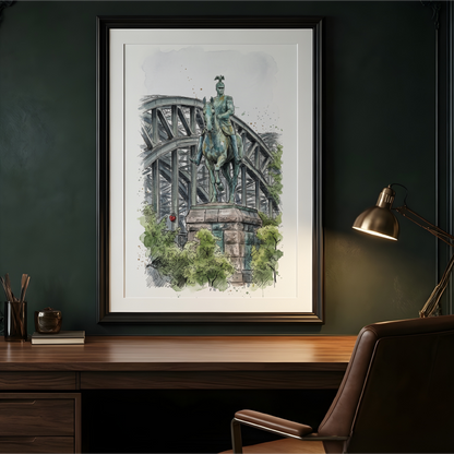 A framed art print featuring a watercolour-style painting of a horse rider statue in front of a large steel bridge, displayed on a dark green wall above a wooden desk with a lamp and chair.