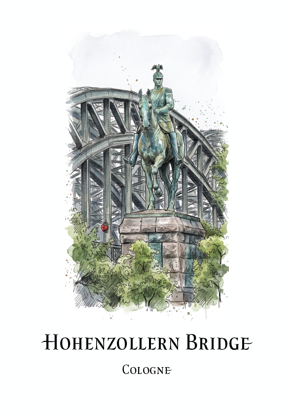 Watercolour-style travel art print of the Hohenzollern Bridge in Cologne, featuring an equestrian statue in the foreground and the bridge structure behind it, with the text 'HOHENZOLLERN BRIDGE' and 'COLOGNE' below on a white background.