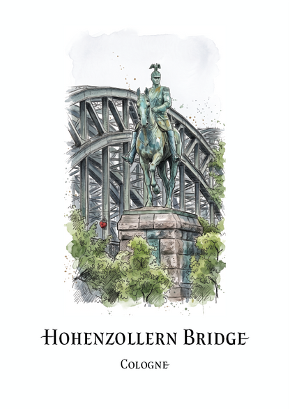 Watercolour-style travel art print of the Hohenzollern Bridge in Cologne, featuring an equestrian statue in the foreground and the bridge structure behind it, with the text 'HOHENZOLLERN BRIDGE' and 'COLOGNE' below on a white background.