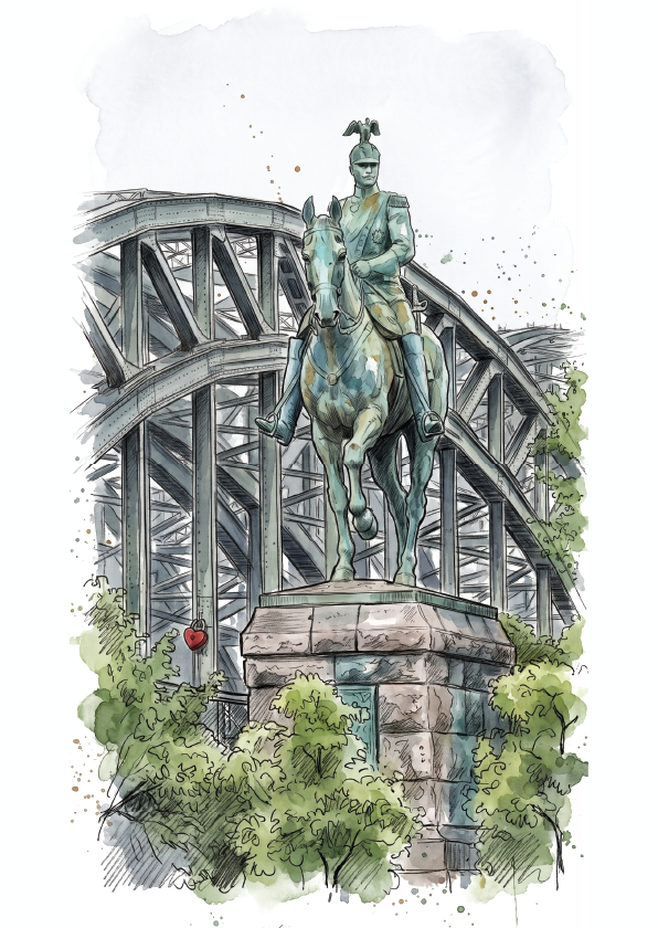 Watercolour-style illustration of an equestrian statue in front of a large steel bridge, with green foliage in the foreground and a small red heart detail near the lower left.