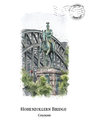 A watercolour-style illustration of the Hohenzollern Bridge in Cologne, featuring a bronze equestrian statue in front of the bridge structure, with green foliage at the base. The text 'HOHENZOLLERN BRIDGE' and 'COLOGNE' appears below, with a circular postmark graphic in the upper right on a white background.