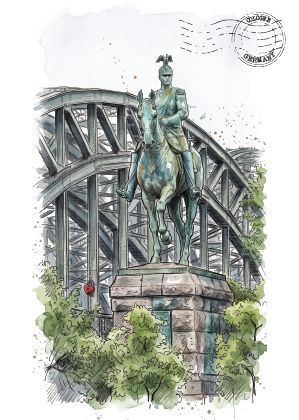 Watercolour-style illustration of a equestrian statue in front of a large steel arch bridge, with green trees in the foreground and a postmark graphic in the upper right.