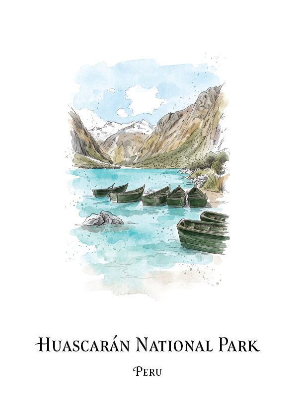 A watercolour-style travel print of Huascarán National Park, Peru, featuring a scenic lake with several dark rowboats, steep mountains, and snow patches under a pale blue sky. The text 'HUASCARÁN NATIONAL PARK' and 'PERU' appears below the artwork on a white background.