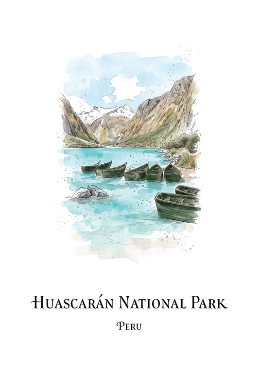 A watercolour-style travel print of Huascarán National Park, Peru, featuring a scenic lake with several dark rowboats, steep mountains, and snow patches under a pale blue sky. The text 'HUASCARÁN NATIONAL PARK' and 'PERU' appears below the artwork on a white background.