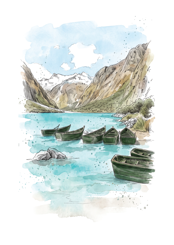 Watercolour landscape illustration of Huascarán National Park mountain lake with several small boats on the turquoise water, rocky shoreline, and snow-capped peaks in the background.