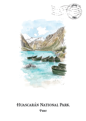 A watercolour-style travel print of Huascarán National Park, Peru, featuring turquoise lakes, mountains, and small boats, with the text 'HUASCARÁN NATIONAL PARK' and 'PERU' below on a white background.