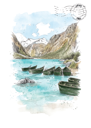 Watercolour-style scenic artwork showing a mountain lake with several dark green rowboats on the turquoise water, rocky shoreline, and a white background with a faint circular postmark graphic near the top right.