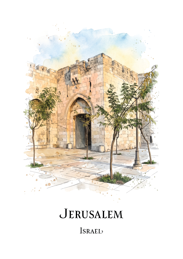 Watercolour art print of Jerusalem's ancient stone gate and courtyard, with trees in the foreground and the text 'JERUSALEM' and 'ISRAEL' below on a white background.