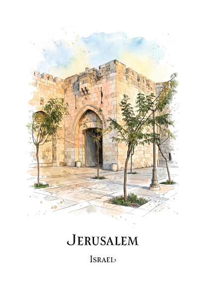 Watercolour art print of Jerusalem's ancient stone gate and courtyard, with trees in the foreground and the text 'JERUSALEM' and 'ISRAEL' below on a white background.