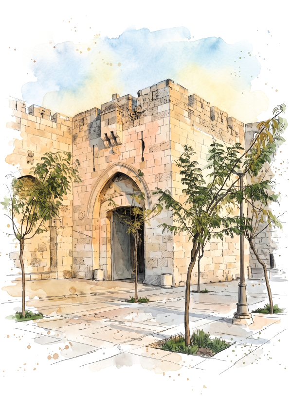Watercolour painting of a historic stone gate with crenellated walls, an arched entrance, paved courtyard, and several young trees under a soft blue and yellow sky.