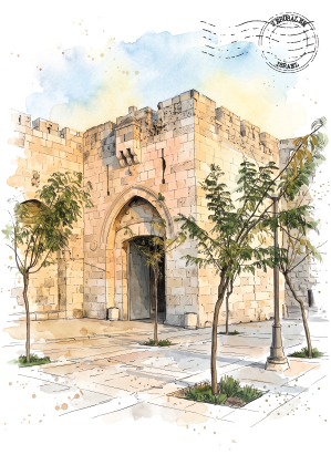 Watercolour-style illustration of a historic Jaffa stone gate in Jerusalem and the courtyard with trees, under a blue sky with a postage stamp graphic in the upper right.