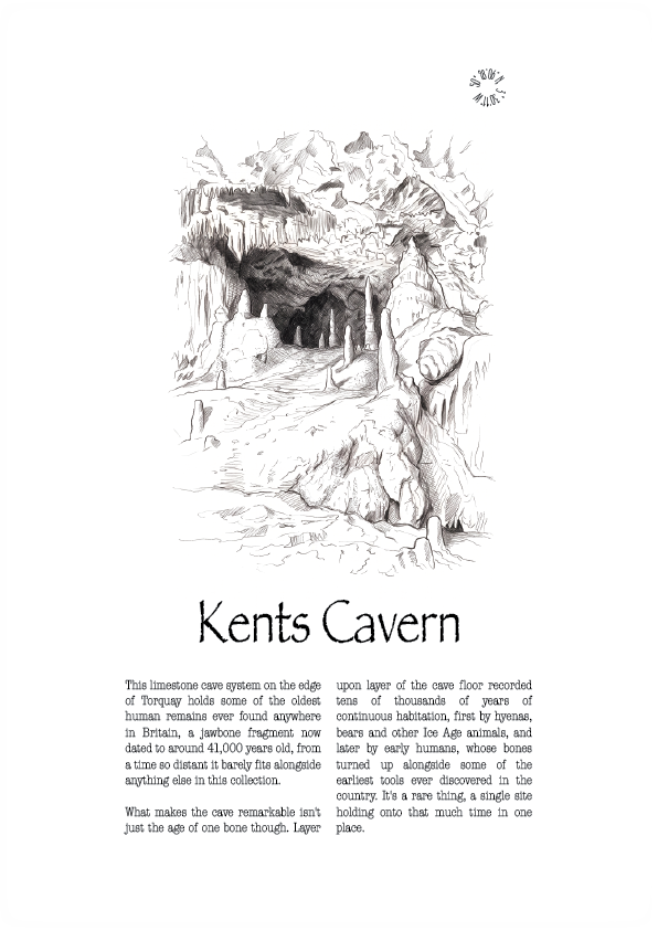 A black and white illustrated poster of Kents Cavern, featuring a detailed sketch of the cave interior and stalactites, with descriptive text below and a small circular logo at the top right.
