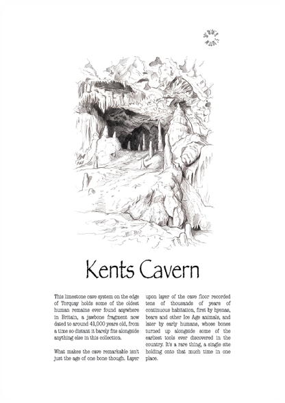 A black and white illustrated poster of Kents Cavern, featuring a detailed sketch of the cave interior and stalactites, with descriptive text below and a small circular logo at the top right.