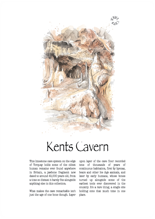 A travel poster print of Kents Cavern in Torquay, featuring a sepia-toned illustration of the cave interior and a prehistoric animal, with descriptive text below on a white background.