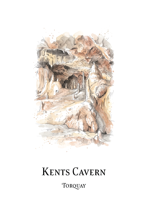 A minimalist art print featuring a watercolour illustration of Kents Cavern, with the text 'KENTS CAVERN' and 'TORQUAY' printed below on a clean white background.