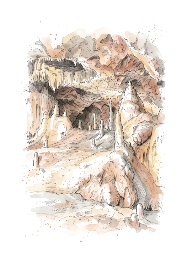 A watercolour and ink illustration of Kents Cavern cave interior with stalactites and stalagmites, rendered in warm earth tones of beige, brown, and soft grey on a white background.
