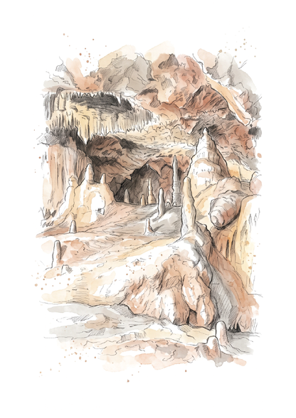 A watercolour and ink illustration of Kents Cavern cave interior with stalactites and stalagmites, rendered in warm earth tones of beige, brown, and soft grey on a white background.