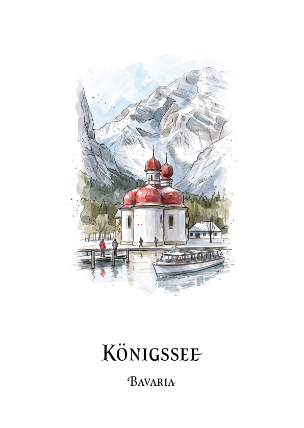 A watercolour-style travel print featuring a lakeside scene with a white building and red domes in front of snow-capped mountains, labeled 'KÖNIGSSEE BAVARIA' on a white background.