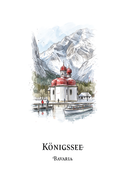 A watercolour-style travel print featuring a lakeside scene with a white building and red domes in front of snow-capped mountains, labeled 'KÖNIGSSEE BAVARIA' on a white background.