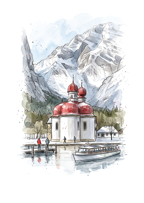 Watercolour-style illustration of a white building with red domes beside Konigssee lake, with a boat in the foreground and tall snow-dusted mountains in the background.