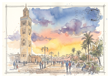 Watercolour painting of a Moroccan square featuring the Koutoubia minaret, palm trees, and a sunset sky with blue, purple, and orange hues.