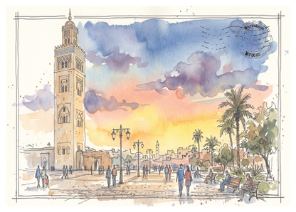 Watercolour painting of a Moroccan square featuring the Koutoubia minaret, palm trees, and a sunset sky with blue, purple, and orange hues.