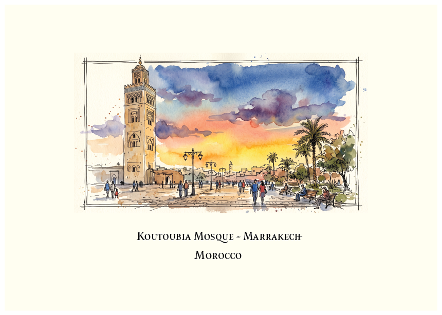 Watercolour art print of Koutoubia Mosque in Marrakech, Morocco, featuring the tall stone minaret under a vibrant blue, orange, and yellow sunset sky with palm trees and small figures of people in the foreground, presented on a cream background with the text 'KOUTOUBIA MOSQUE - MARRAKECH MOROCCO' below.