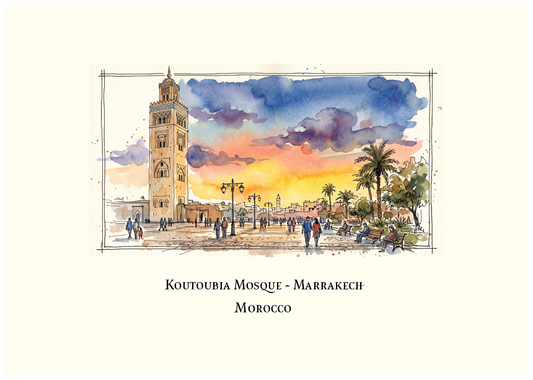 Watercolour art print of Koutoubia Mosque in Marrakech, Morocco, featuring the tall stone minaret under a vibrant blue, orange, and yellow sunset sky with palm trees and small figures of people in the foreground, presented on a cream background with the text 'KOUTOUBIA MOSQUE - MARRAKECH MOROCCO' below.