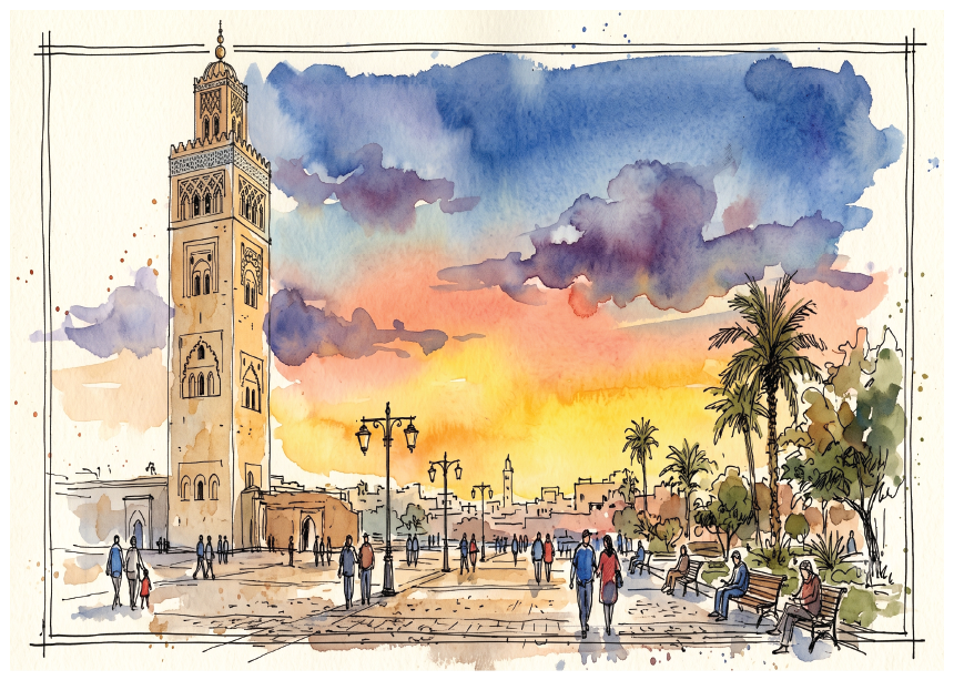 Watercolour painting of a square scene featuring the tall historic Koutoubia Mosque on the left, palm trees, benches, and small figures of people walking and sitting under a dramatic sunset sky with blue, purple, orange, and yellow tones.