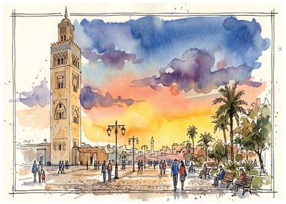 Watercolour painting of a square scene featuring the tall historic Koutoubia Mosque on the left, palm trees, benches, and small figures of people walking and sitting under a dramatic sunset sky with blue, purple, orange, and yellow tones.