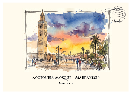 A watercolour-style travel art print of Koutoubia Mosque in Marrakech, Morocco, showing the tall beige mosque tower against a dramatic blue, purple, and orange sunset sky with palm trees and small figures of people in the foreground. The print has a cream border, a circular postmark graphic in the top right, and the text 'KOUTOUBIA MOSQUE - MARRAKECH' and 'Morocco' below the artwork.
