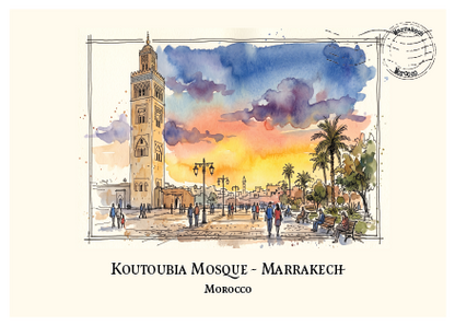 A watercolour-style travel art print of Koutoubia Mosque in Marrakech, Morocco, showing the tall beige mosque tower against a dramatic blue, purple, and orange sunset sky with palm trees and small figures of people in the foreground. The print has a cream border, a circular postmark graphic in the top right, and the text 'KOUTOUBIA MOSQUE - MARRAKECH' and 'Morocco' below the artwork.