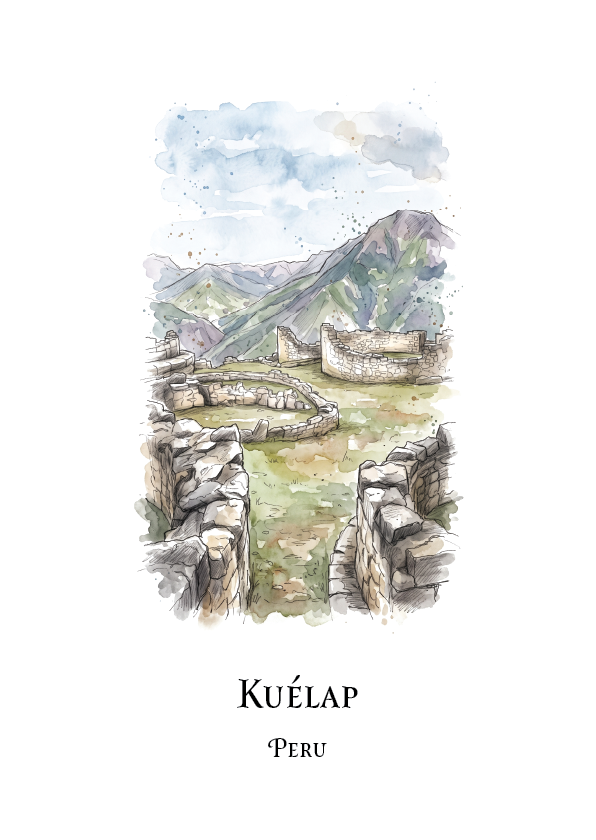 A watercolour-style travel art print of Kuélap, Peru, featuring stone ruins in the foreground, mountains in the background, and the text 'KUÉLAP PERU' printed below on a white background.