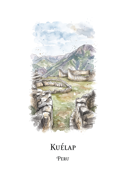 A watercolour-style travel art print of Kuélap, Peru, featuring stone ruins in the foreground, mountains in the background, and the text 'KUÉLAP PERU' printed below on a white background.