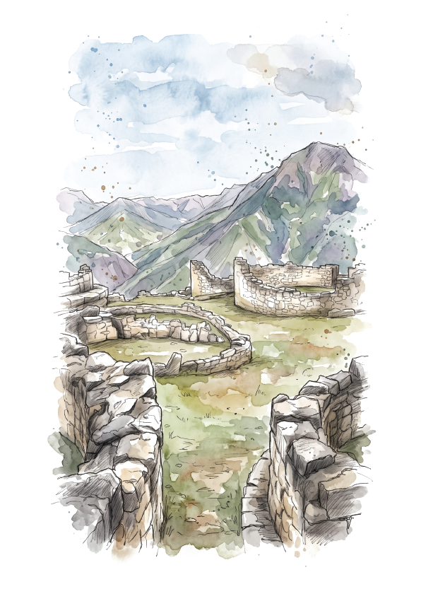 Watercolour-style illustration of Kuélap ruins in a mountainous landscape, with green hills, blue-grey mountains, and a cloudy sky on a white background.