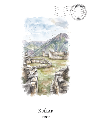 A watercolour-style travel illustration of Kuélap, Peru, showing stone ruins in the foreground with mountains and clouds in the background. The text 'KUÉLAP PERU' appears below the artwork, and a circular postmark graphic is near the top right.