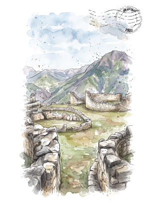 A watercolour-style travel illustration of Kuélap, Peru, showing stone ruins in the foreground with mountains and clouds in the background and a circular postmark graphic is near the top right.