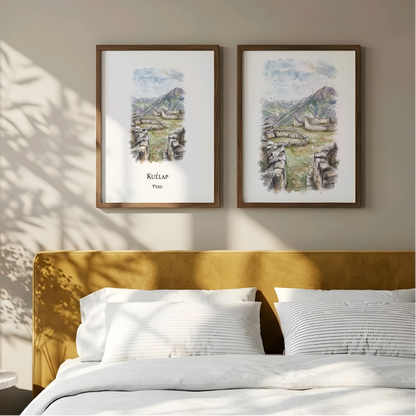 Two framed watercolour prints of Kuelap, Peru, displayed side-by-side on a beige wall above a bed with a yellow headboard and white bedding.