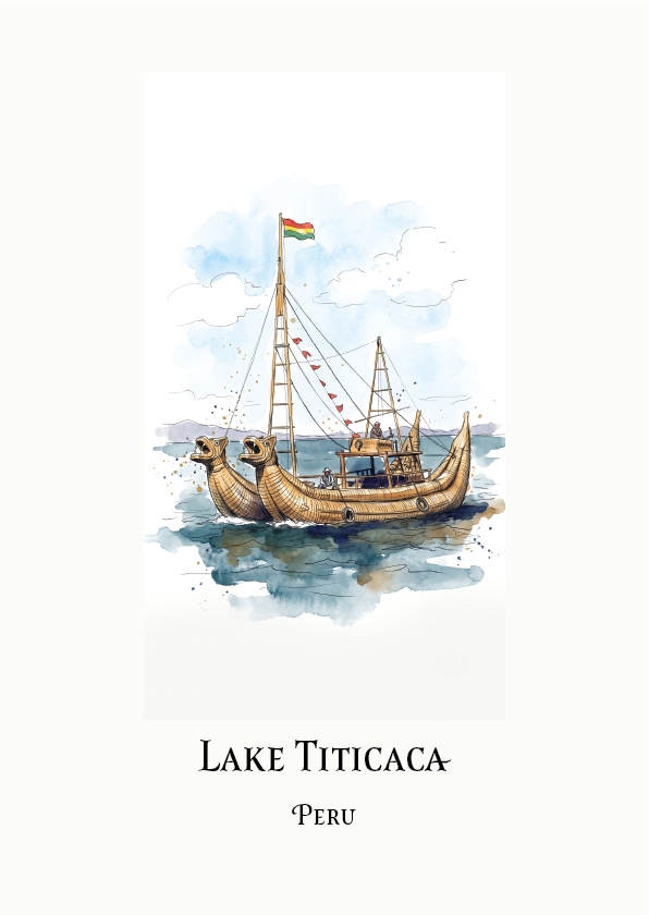A vertical art print featuring a watercolour illustration of a wooden boat on Lake Titicaca, Peru, with the text 'LAKE TITICACA' and 'PERU' printed below on an off-white background.