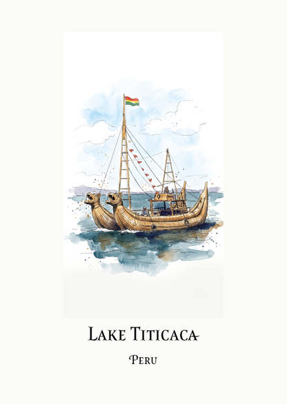A vertical art print featuring a watercolour illustration of a wooden boat on Lake Titicaca, Peru, with the text 'LAKE TITICACA' and 'PERU' printed below on an off-white background.