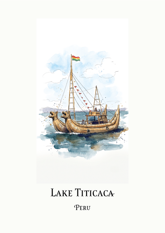 A vertical art print featuring a watercolour illustration of a wooden boat on Lake Titicaca, Peru, with the text 'LAKE TITICACA' and 'PERU' printed below on an off-white background.