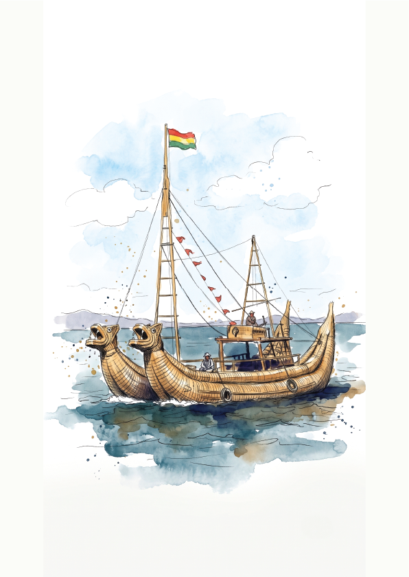 Watercolour-style illustration of a boat on Lake TiticacaPeru,  sailing on blue water under a pale sky with clouds and a small flag on the mast.