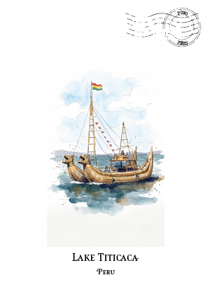 A watercolour-style illustration of a wooden boat on Lake Titicaca, Peru, centered on a white background with the text 'LAKE TITICACA PERU' below and a postage-style stamp graphic at the top right.