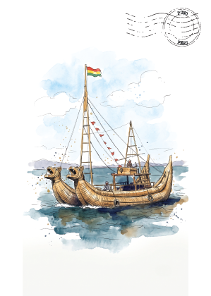 Watercolour-style illustration of a boat on Lake Titicaca, Peru  with a rainbow flag, set on a white background with a faint postage stamp motif in the upper right.
