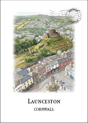 Watercolour and ink postcard illustration of Launceston Castle and the town square, Cornwall